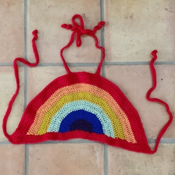 Vintage Tops - Rainbow Crochet Halter Tie Back Crop Top